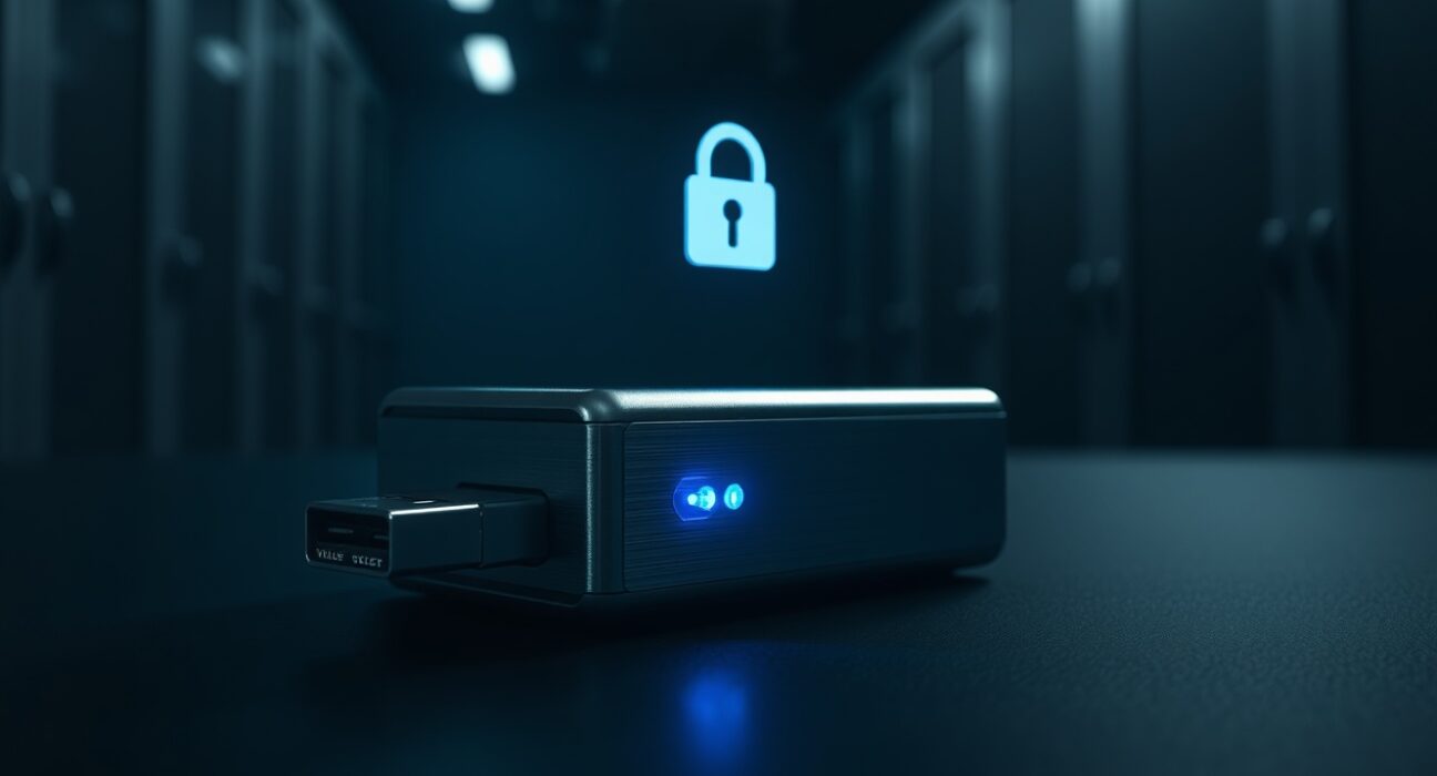 Cold storage hardware wallet with blue LED light on a dark desk, representing crypto security breach