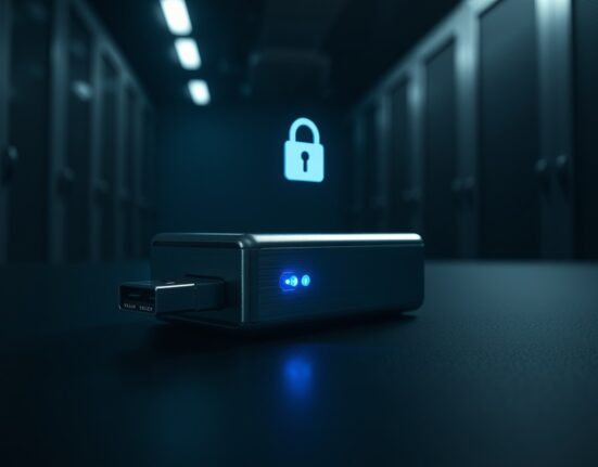 Cold storage hardware wallet with blue LED light on a dark desk, representing crypto security breach