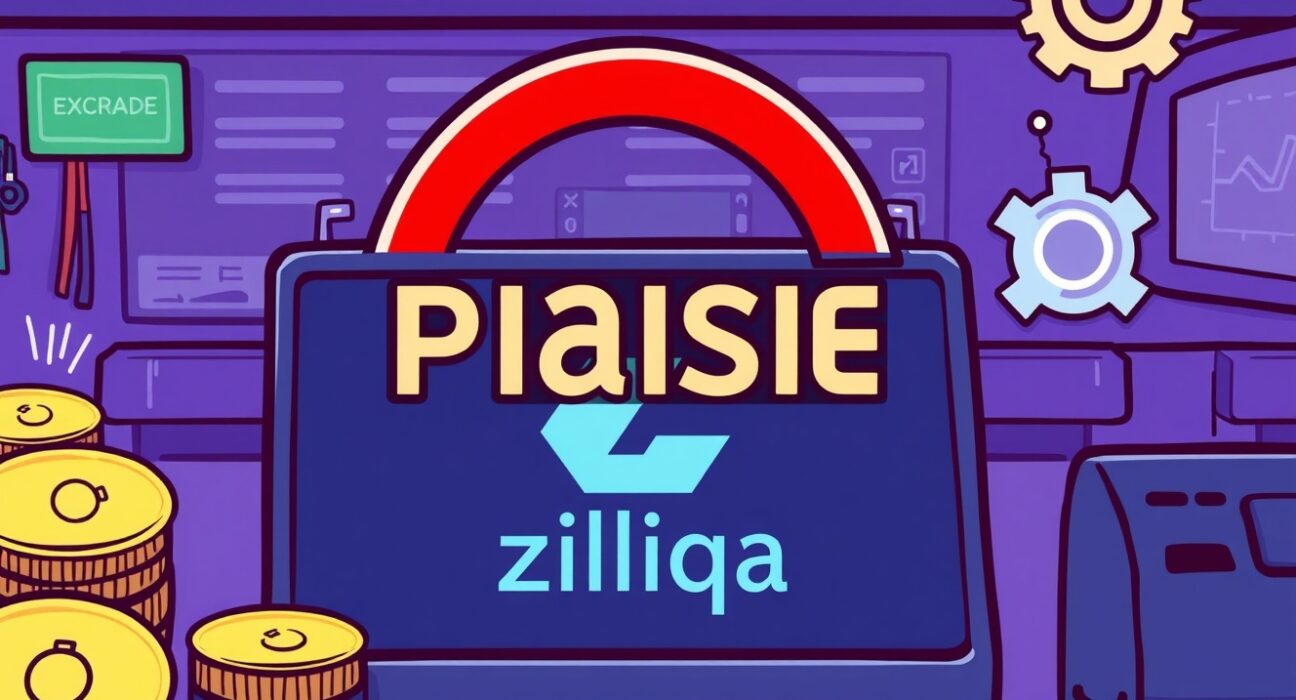 Cartoon illustration showing a temporary Zilliqa ZIL suspension on the Bithumb exchange for a network upgrade.