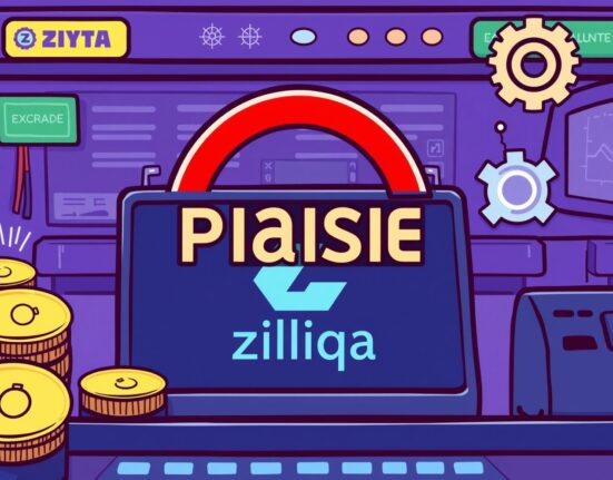 Cartoon illustration showing a temporary Zilliqa ZIL suspension on the Bithumb exchange for a network upgrade.