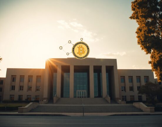 Government building in Harare, Zimbabwe, with digital blockchain symbols in the sky, representing new cryptocurrency regulations.