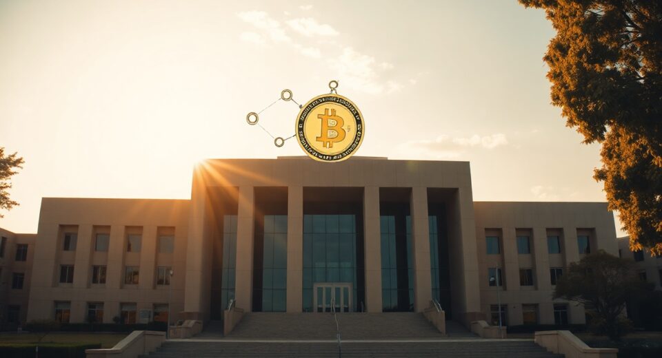 Government building in Harare, Zimbabwe, with digital blockchain symbols in the sky, representing new cryptocurrency regulations.