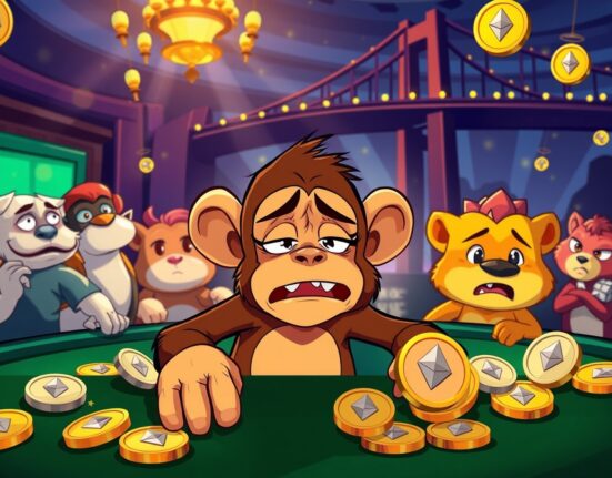 ZK Casino refunds process shown through cartoon animals handling Ethereum coins near bridge