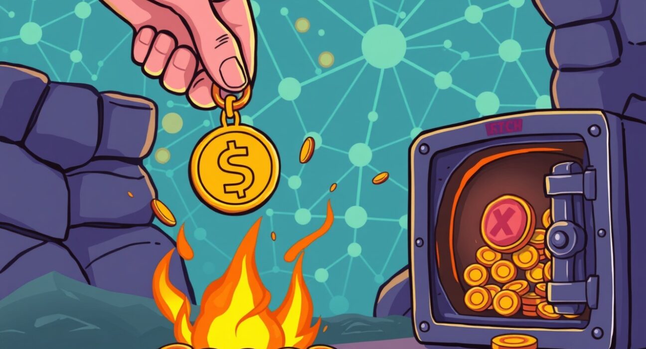 Cartoon illustration of ZK token buybacks and burning, symbolizing value increase and ecosystem growth for zkSync.