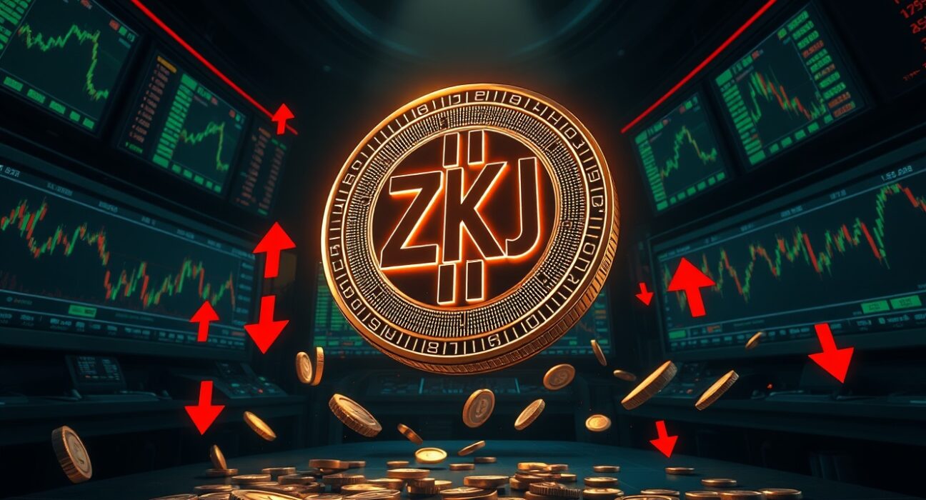 ZKJ coin price surge and subsequent liquidations depicted in a high-tech trading environment