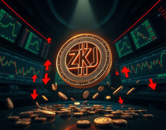 ZKJ coin price surge and subsequent liquidations depicted in a high-tech trading environment