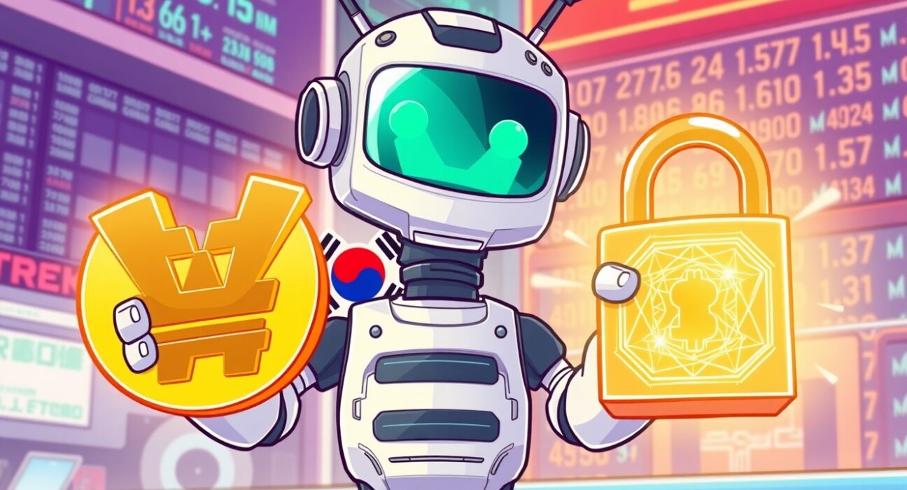 A vibrant cartoon illustrating the zkPass listing on Bithumb exchange, symbolizing secure privacy-focused trading with Korean Won.