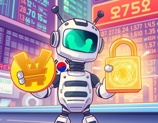 A vibrant cartoon illustrating the zkPass listing on Bithumb exchange, symbolizing secure privacy-focused trading with Korean Won.