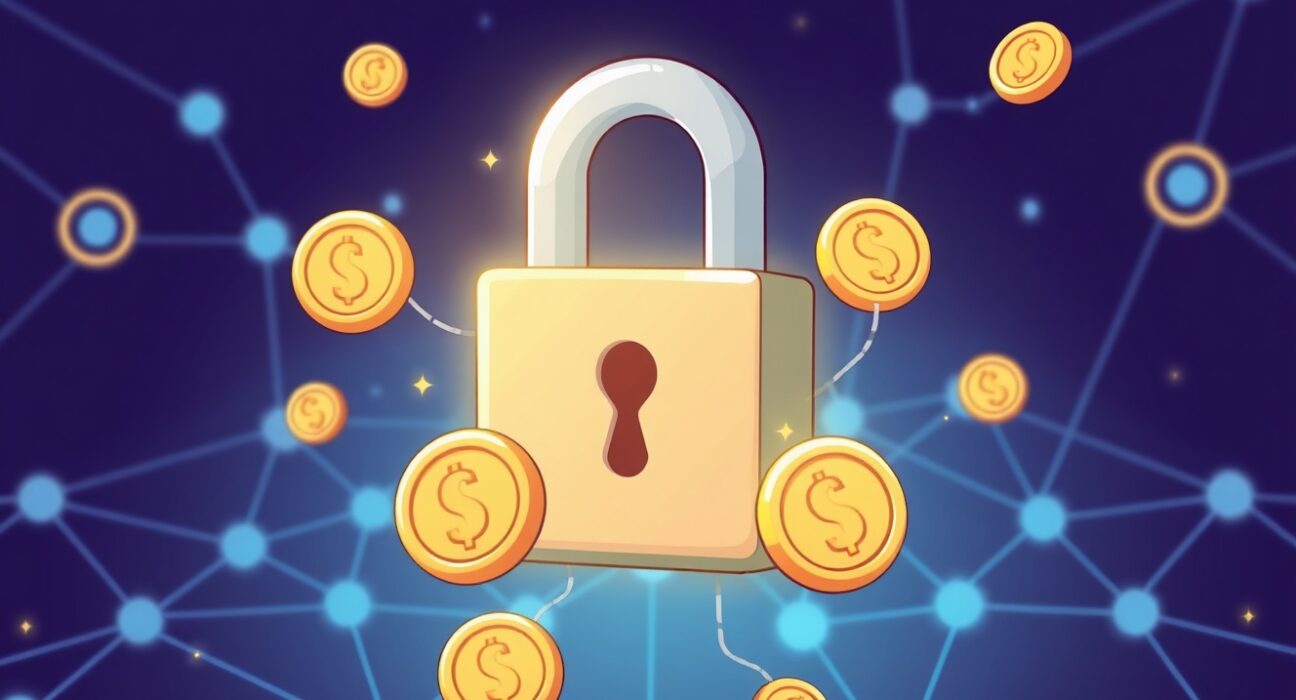 A cartoon illustration of digital tokens and a secure lock, symbolizing the innovative zkPass tokenomics and its secure data verification.