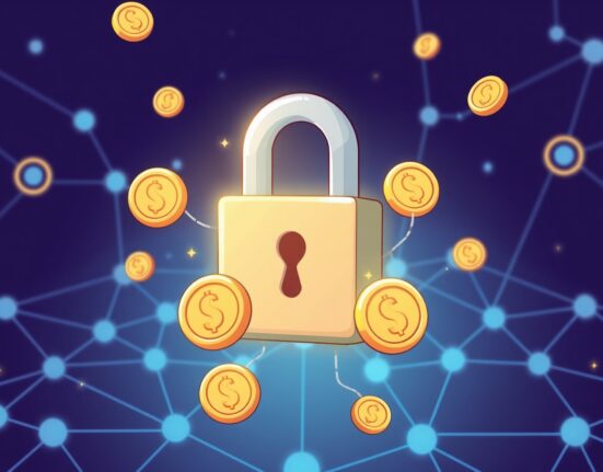 A cartoon illustration of digital tokens and a secure lock, symbolizing the innovative zkPass tokenomics and its secure data verification.