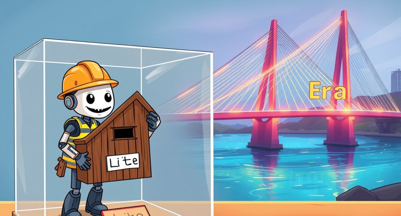 A cartoon illustrating the planned zkSync Lite shutdown as a positive upgrade to a newer network.