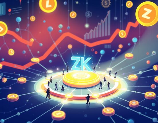 Cartoon showing a glowing ZKsync token at the heart of a vibrant network, symbolizing its proposed value revamp and growth.
