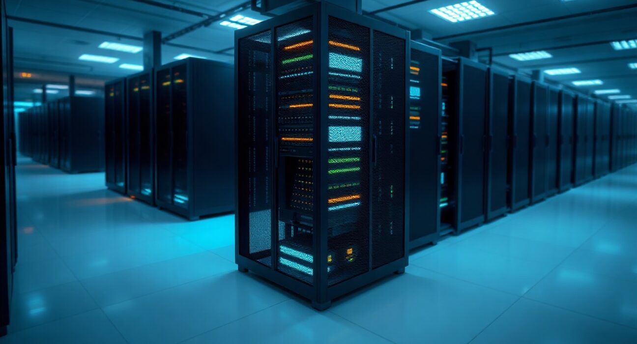 Modern data center with glowing server rack representing diverse AI chips