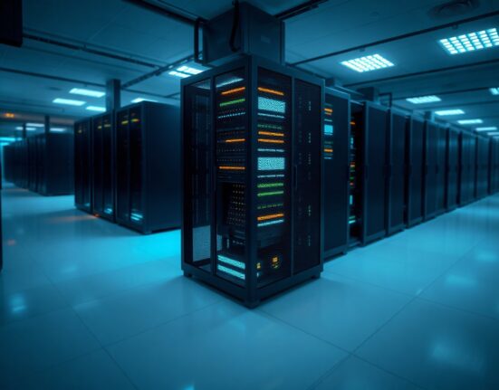 Modern data center with glowing server rack representing diverse AI chips