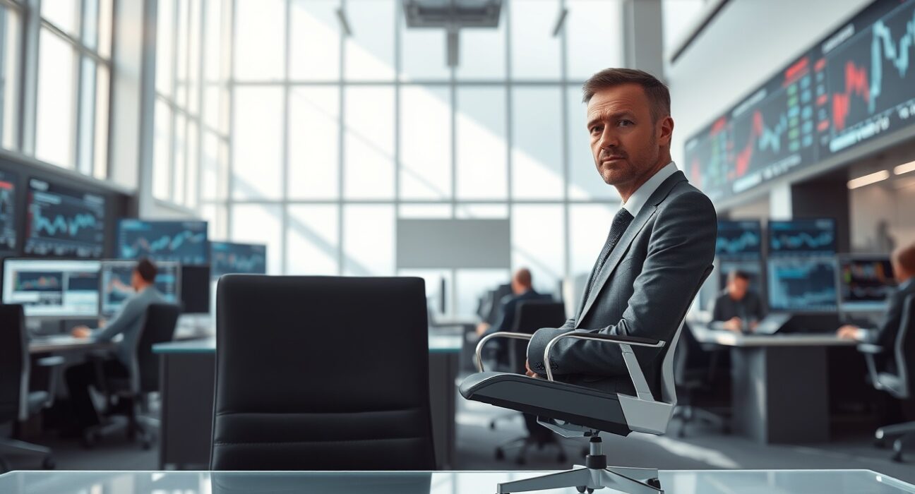 Empty executive office chair at Zodia Markets symbolizing CEO leadership transition in Standard Chartered's cryptocurrency division.