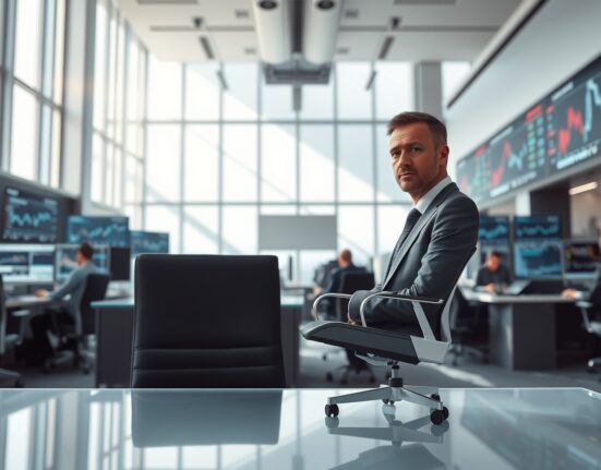 Empty executive office chair at Zodia Markets symbolizing CEO leadership transition in Standard Chartered's cryptocurrency division.