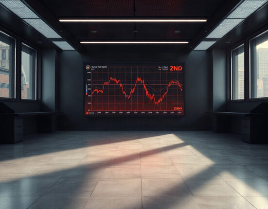 Empty cryptocurrency exchange office with ZND token price chart showing a steep decline