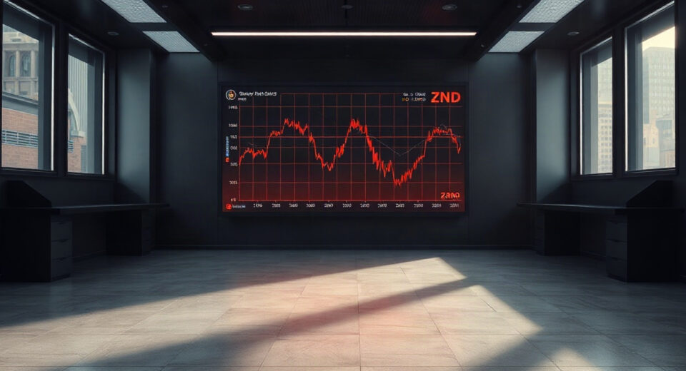 Empty cryptocurrency exchange office with ZND token price chart showing a steep decline