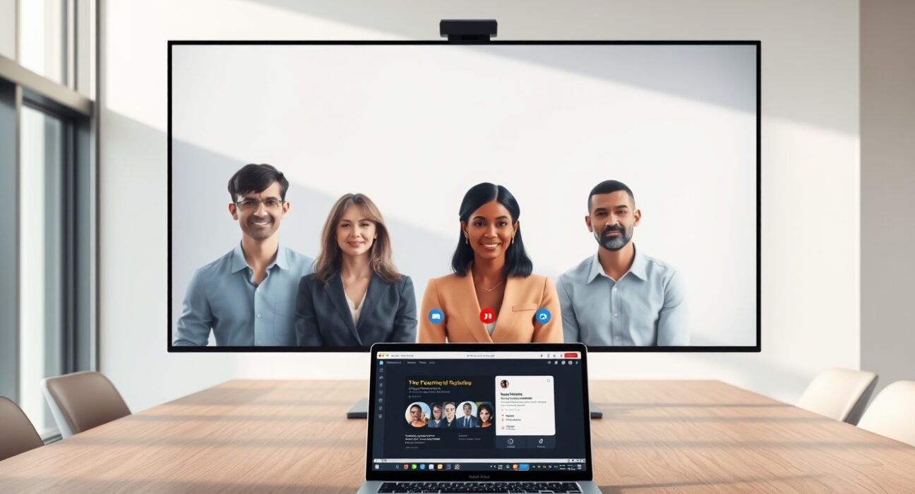 Zoom AI avatars in a virtual meeting displayed on a monitor in a modern office setting.
