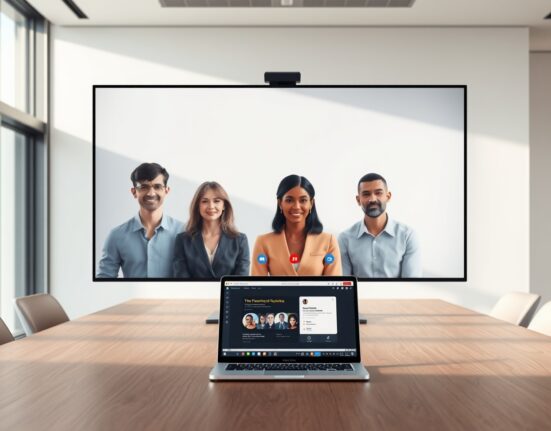 Zoom AI avatars in a virtual meeting displayed on a monitor in a modern office setting.