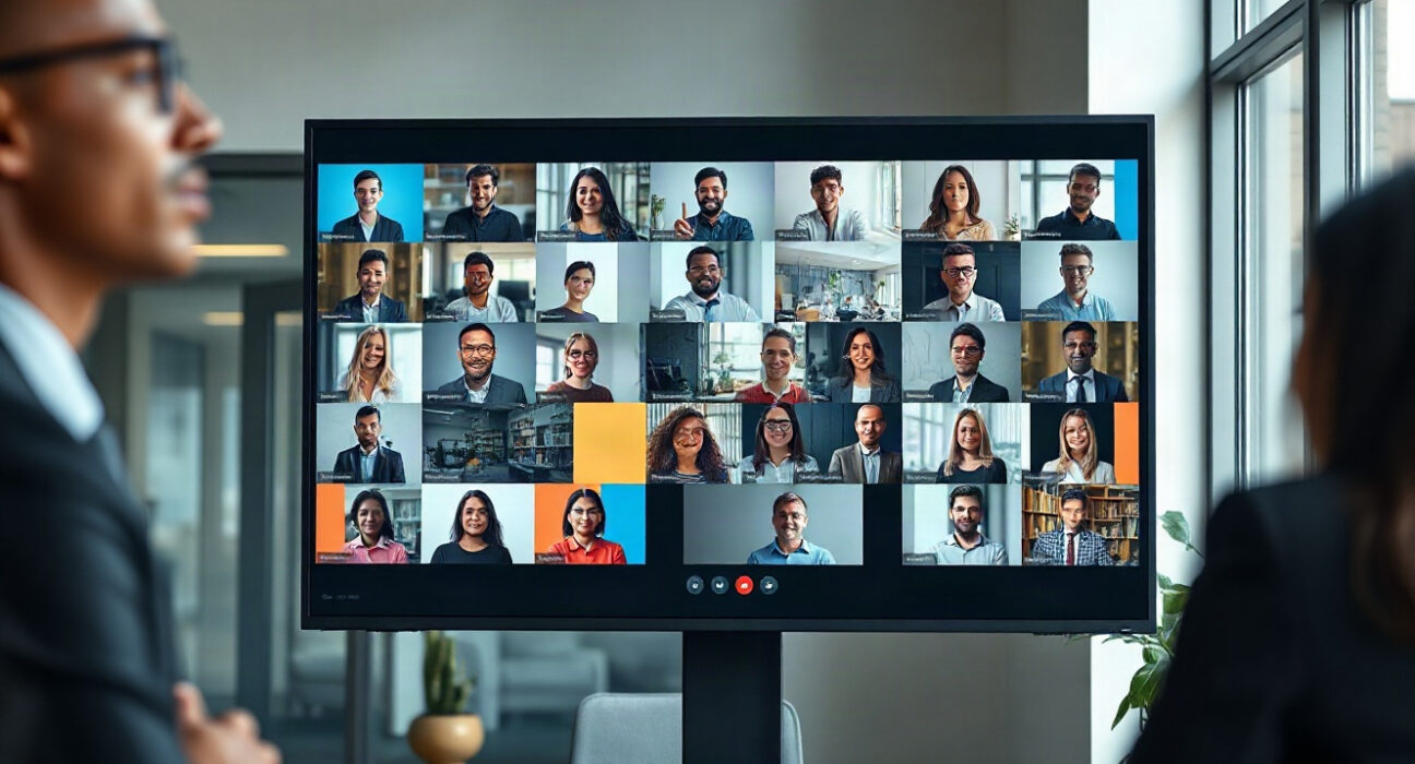 Video conference call on a large screen in a modern office, representing Zoom earnings.
