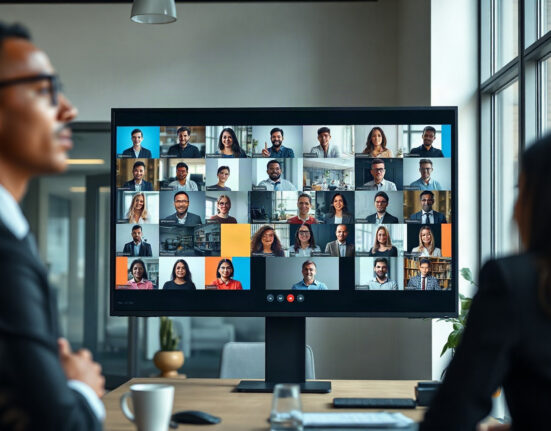 Video conference call on a large screen in a modern office, representing Zoom earnings.