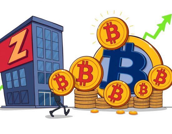 A cartoon illustration showing ZOOZ Strategy's bold ZOOZ Bitcoin investment strategy, with a company building adding Bitcoins to a growing pile.