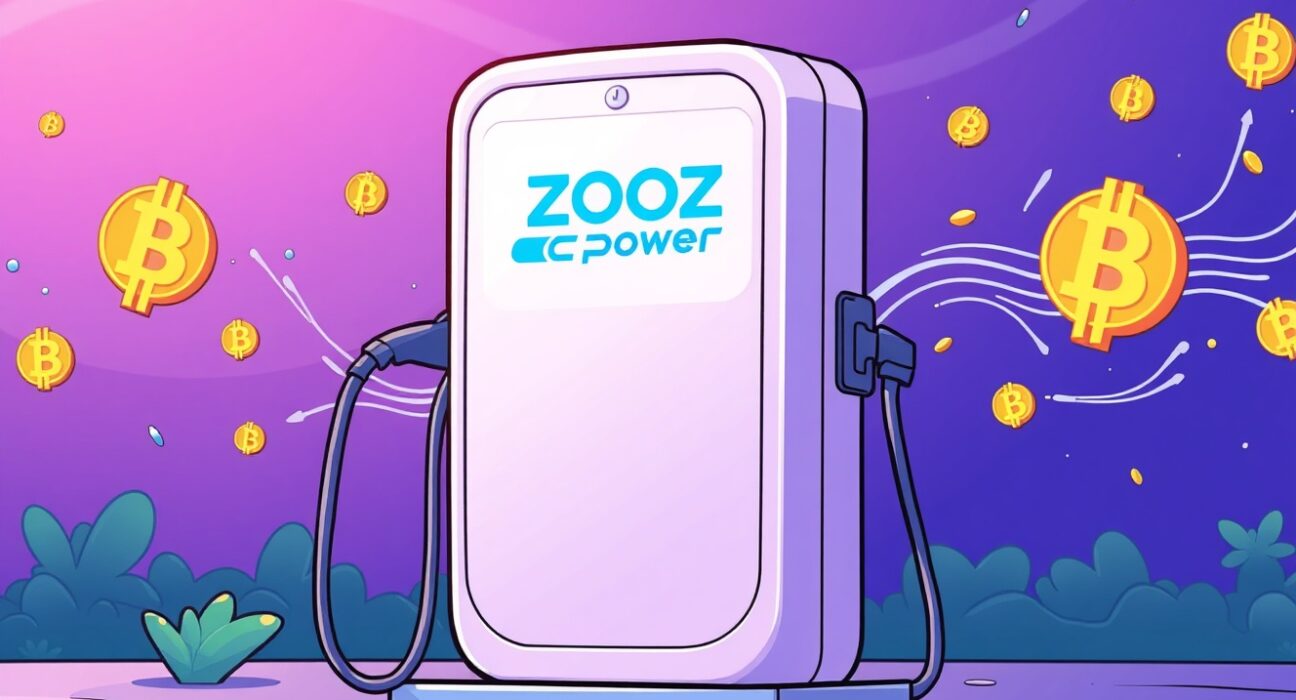 A cartoon image depicting ZOOZ Power's significant Bitcoin investment strategy in EV charging infrastructure.