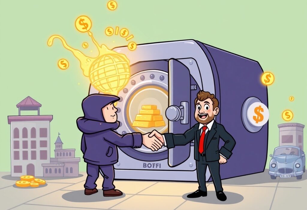 Cartoon illustrating the significant Zoth funding injection into a DeFi platform, symbolizing the expansion of Real-World Assets (RWAs).