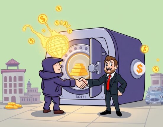 Cartoon illustrating the significant Zoth funding injection into a DeFi platform, symbolizing the expansion of Real-World Assets (RWAs).