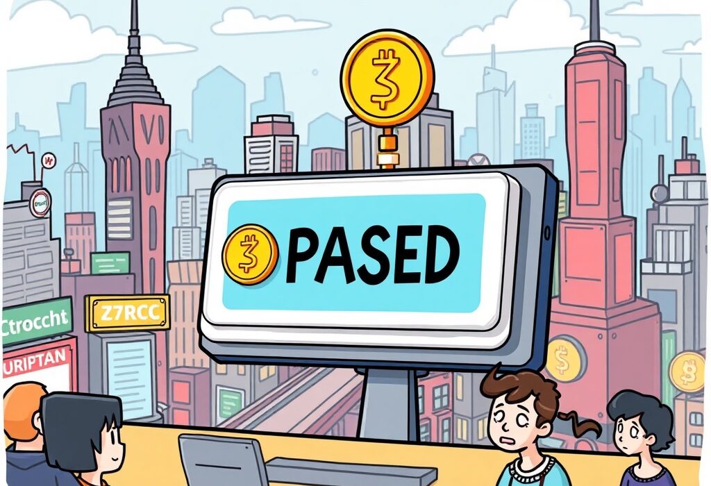Cartoon image depicting a digital exchange halting ZRC deposits and withdrawals, with a 'pause' symbol over a ZRC coin, signifying a temporary network issue.