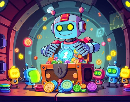 A cartoon robot unlocking a chest of tokens, illustrating the concept of major token unlocks in cryptocurrency.