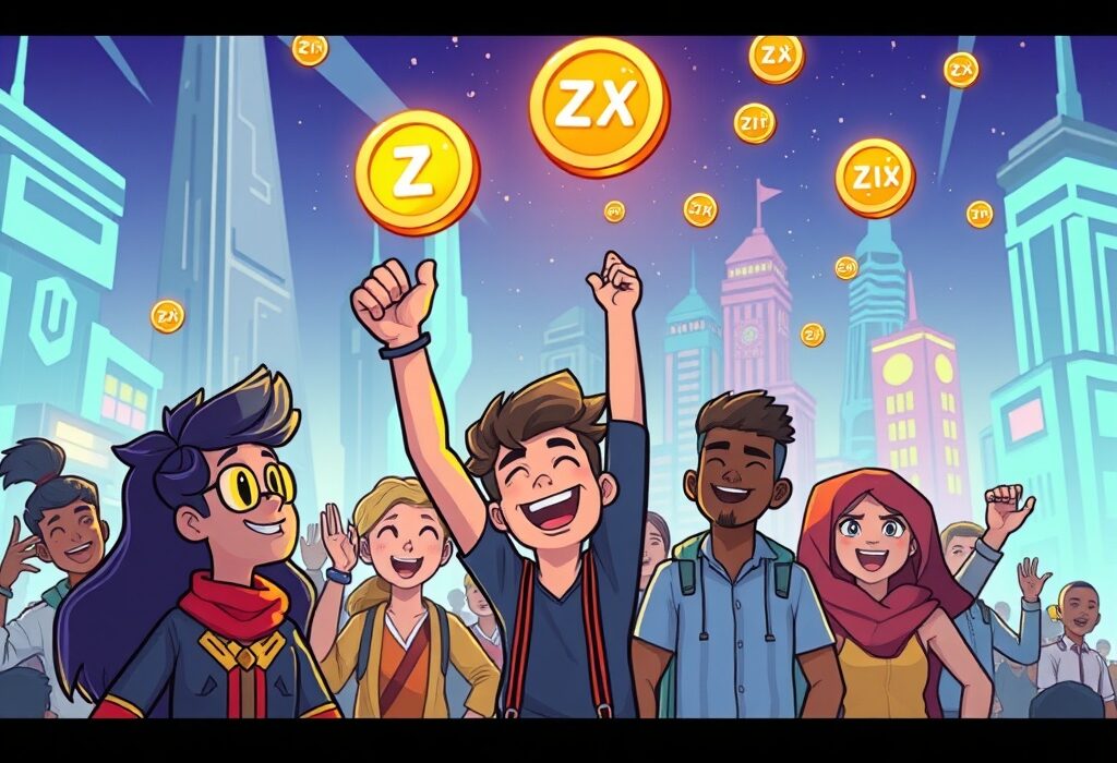 Cartoon illustration showing a metaverse community celebrating a ZTX governance proposal for token incentives and CRTR airdrop.