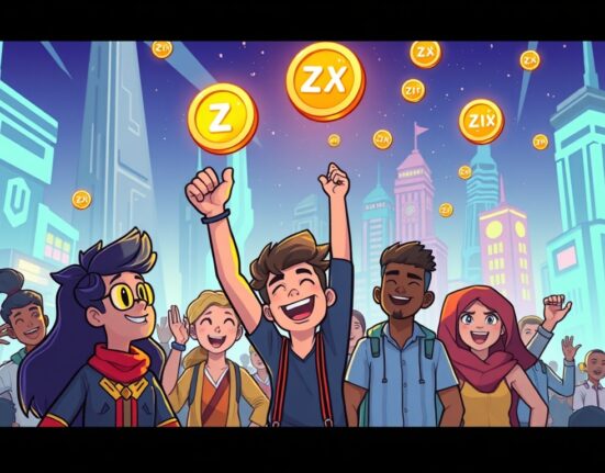 Cartoon illustration showing a metaverse community celebrating a ZTX governance proposal for token incentives and CRTR airdrop.