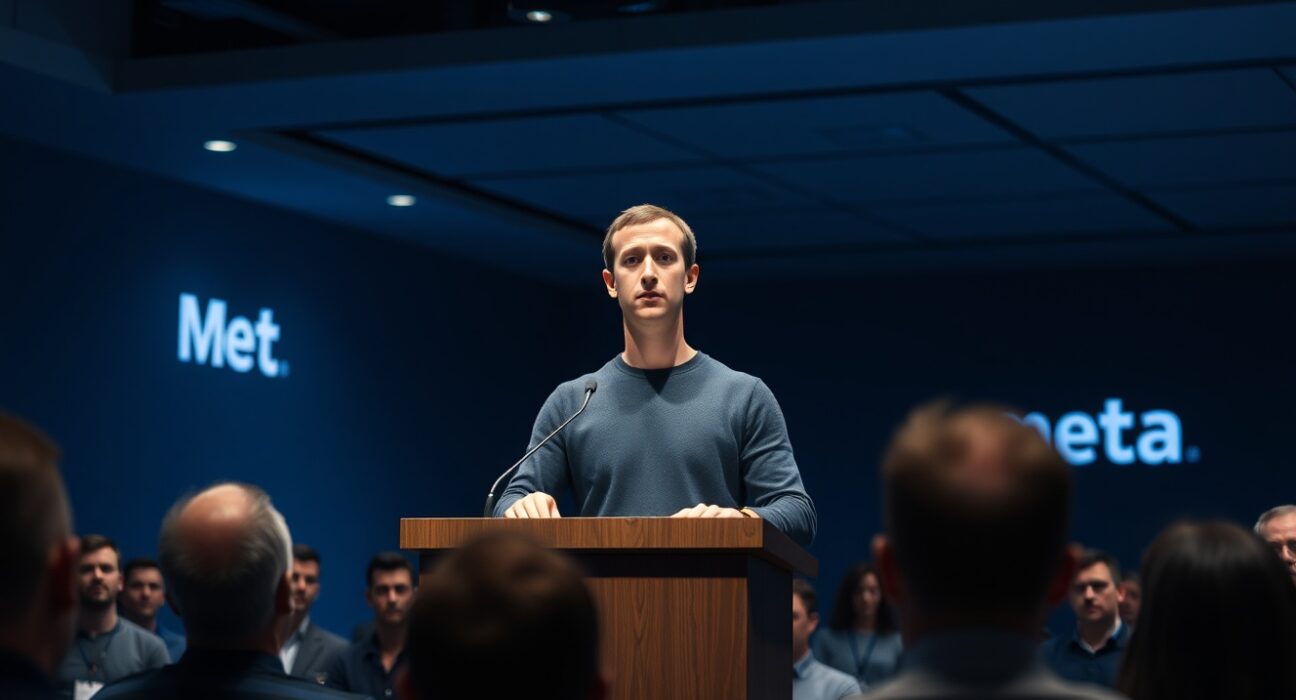 Mark Zuckerberg speaking at a Meta town hall meeting with employees seated in audience