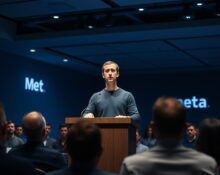 Mark Zuckerberg speaking at a Meta town hall meeting with employees seated in audience