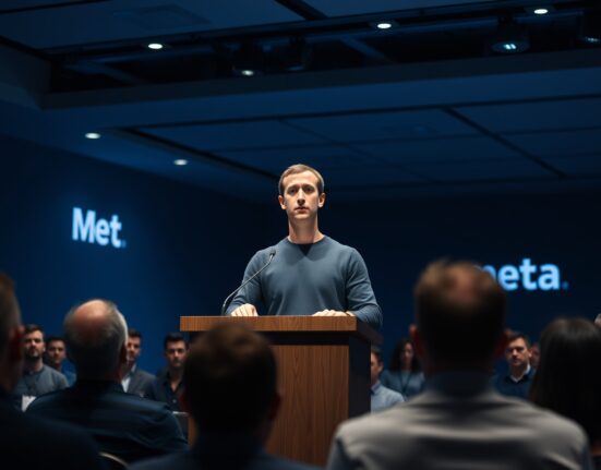 Mark Zuckerberg speaking at a Meta town hall meeting with employees seated in audience