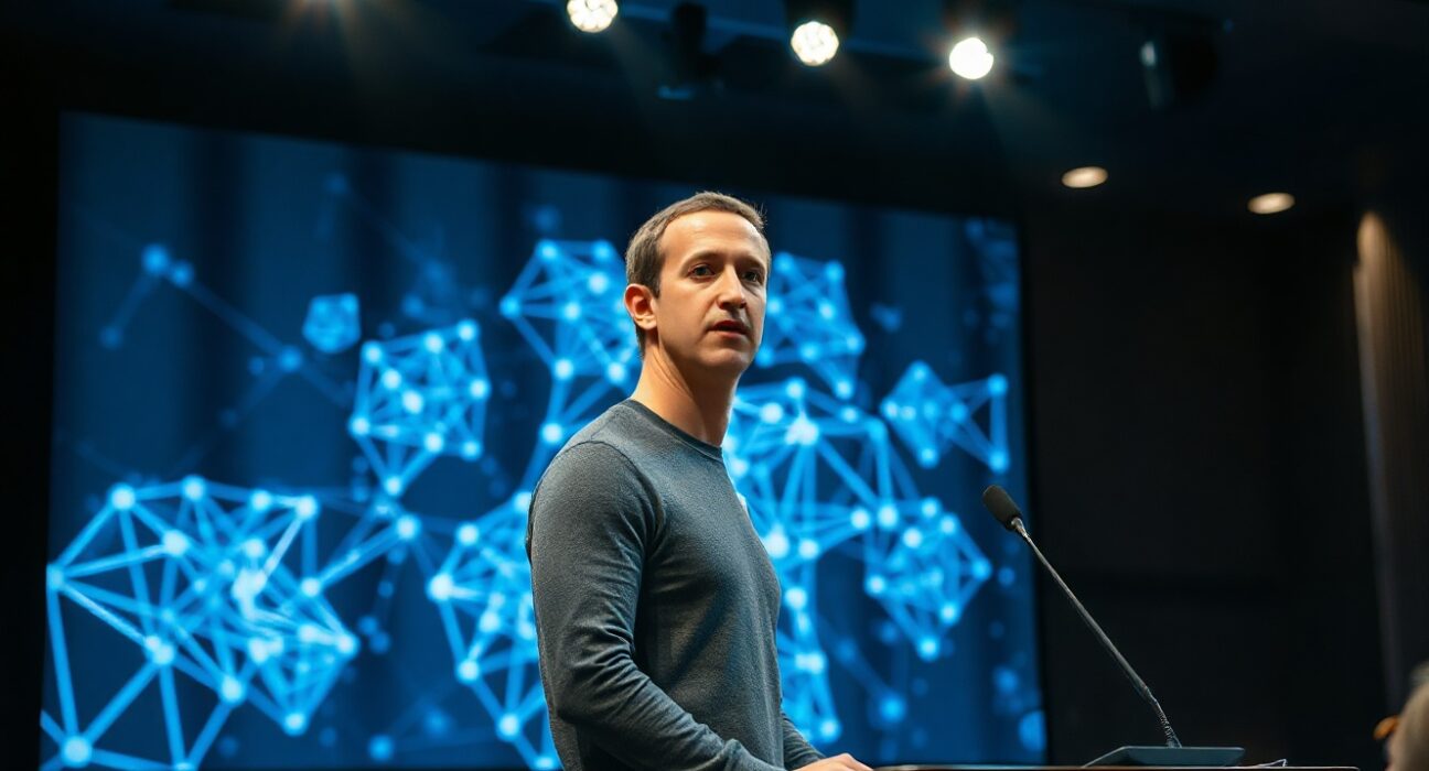 Mark Zuckerberg speaking at a tech conference with AI graphics on screen behind him