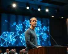 Mark Zuckerberg speaking at a tech conference with AI graphics on screen behind him