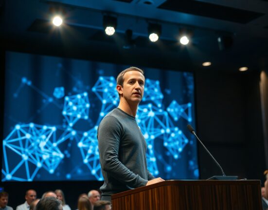 Mark Zuckerberg speaking at a tech conference with AI graphics on screen behind him