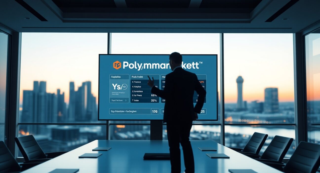 Boardroom meeting with a large screen showing Polymarket logo and prediction market interface.